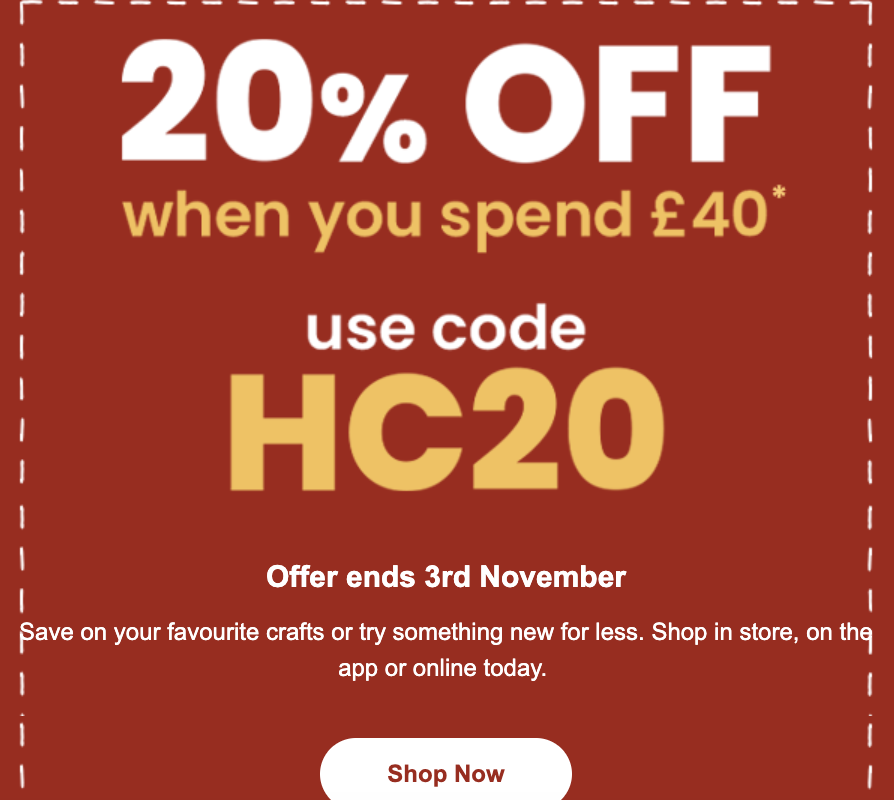 Hobbycraft: 20% off when you spend £40