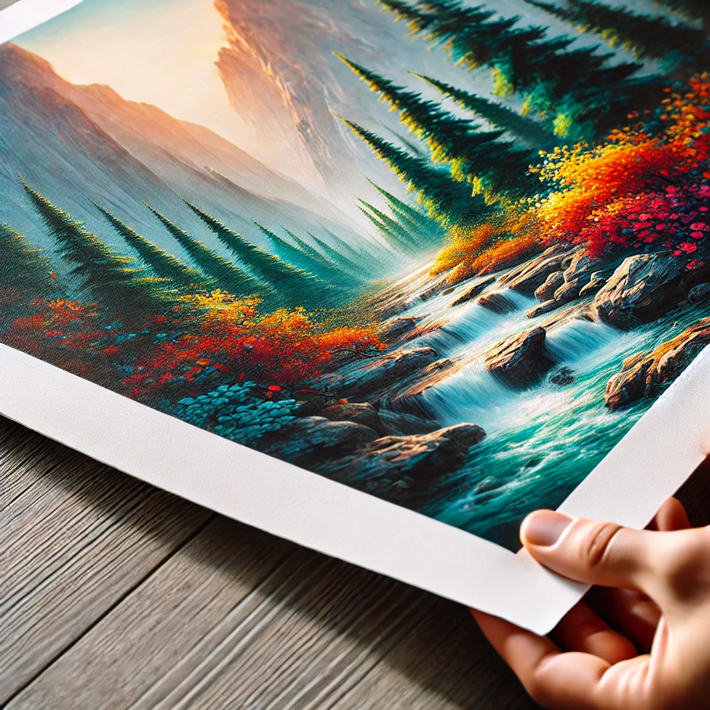 A close-up image of a giclée print showing fine details, vibrant colours, and the texture of the paper or canvas. This will help readers visually understand what makes giclée prints distinct in terms of quality.