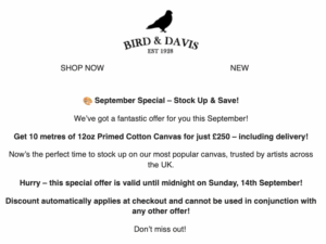 Bird & Davis: 10 metres of 12oz Primed Cotton Canvas for just £250 – including delivery