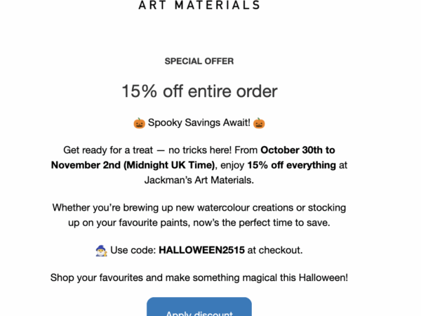 Jackmans Art Materials: 15% Off This Halloween