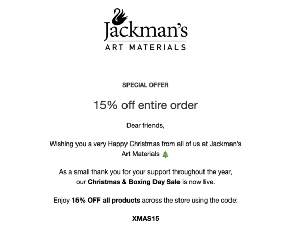 Jackmans Art Materials: 15% off entire order