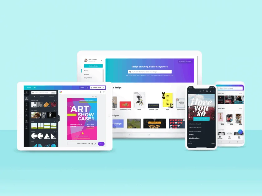Canva interface shown across desktop and mobile devices