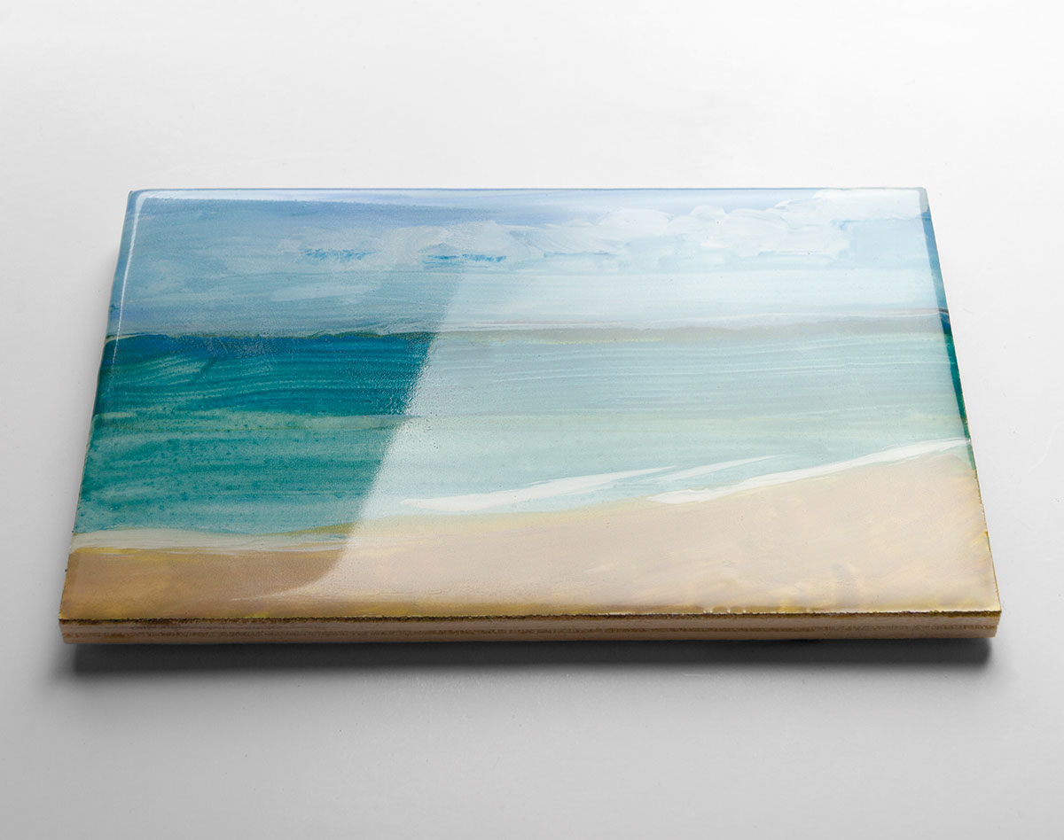 Sealed acrylic painted wooden panel with glossy varnish finish