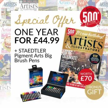Artists & Illustrator: Get the November issue + a £70 bonus gift Get 13 issues for just £44.99, plus a STAEDTLER Pigment Arts Big Brush Pen 20-pack with blending brush, worth £70, as a bonus gift.
