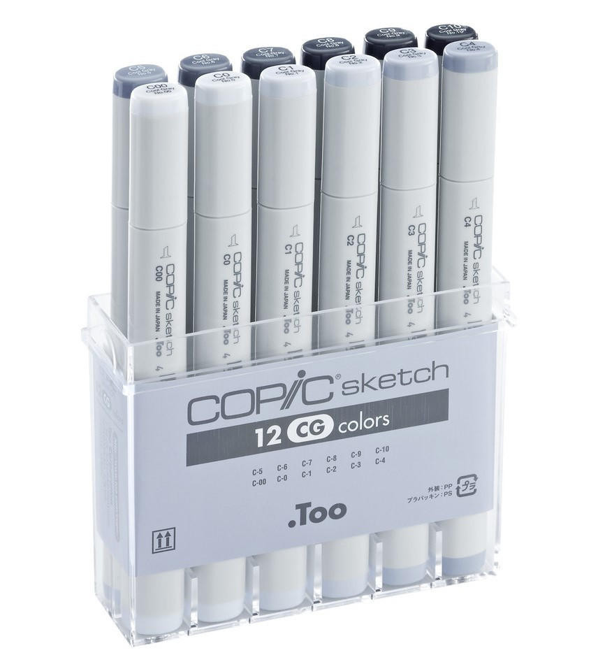 Copic Sketch Marker Cool Greys Set, 12 Twin-tip Alcohol Ink
