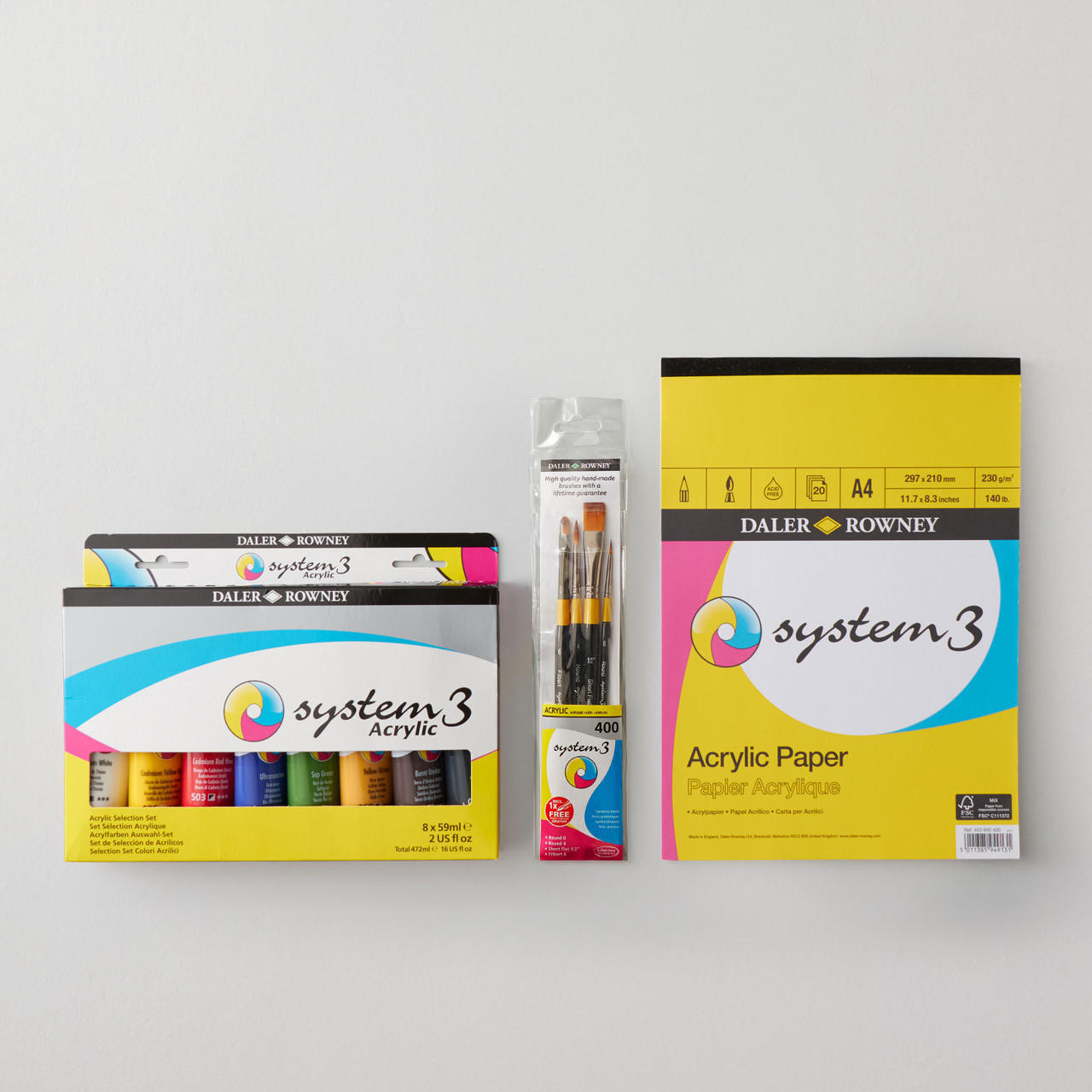 Daler Rowney System 3 Acrylic Paint Starter Kit, 8 Tubes & Brushes
