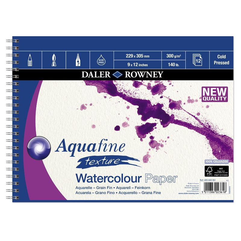 Daler Rowney Aquafine 12×9″ Watercolour Pad, 300gsm, 12 Sheets