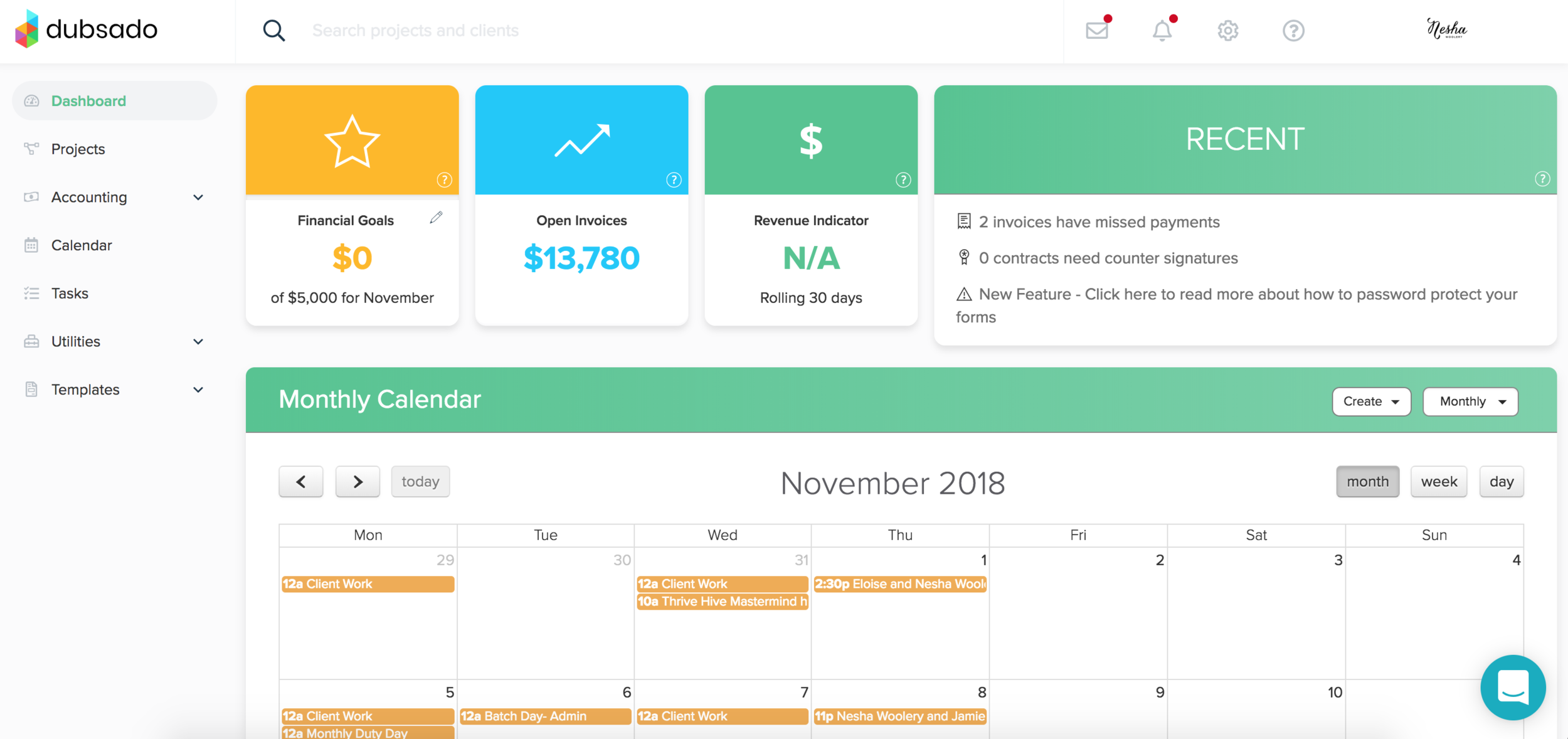 Dubsado dashboard