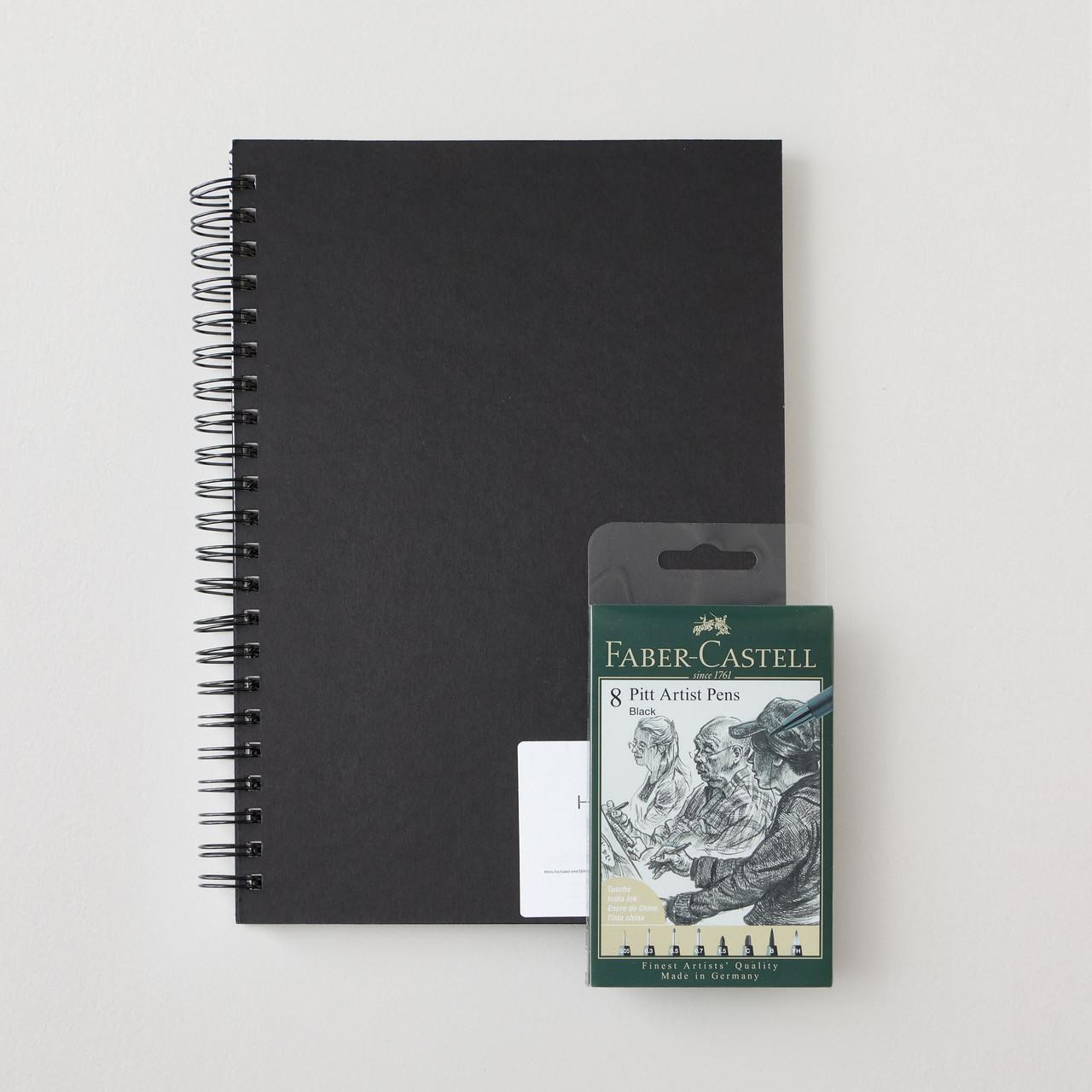 Faber-Castell Pitt Artist Pen Set with A4 Sketchbook, 8 Pens