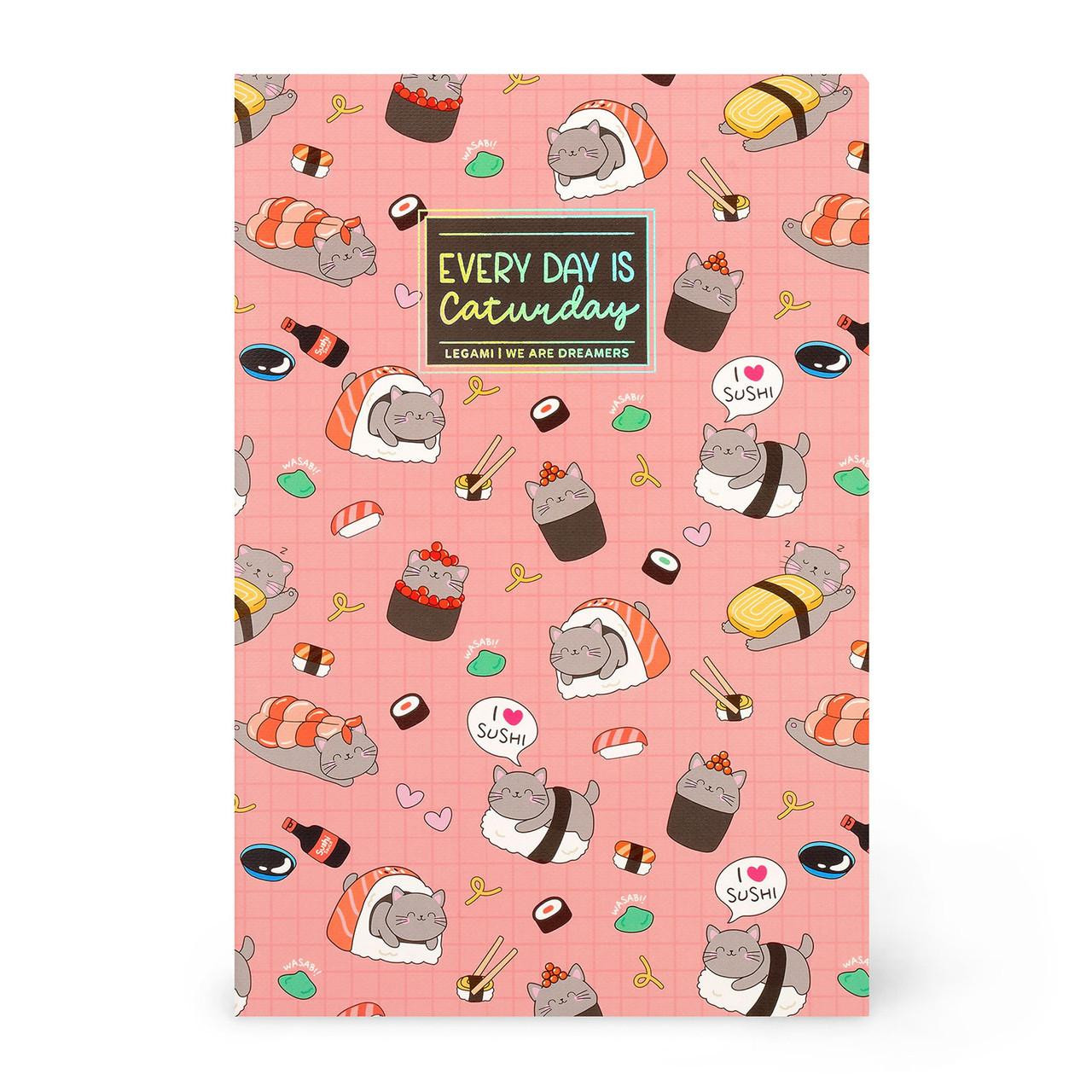 Legami A5 Sushi Cat Notebook, 80 Lined Pages, Elastic Closure