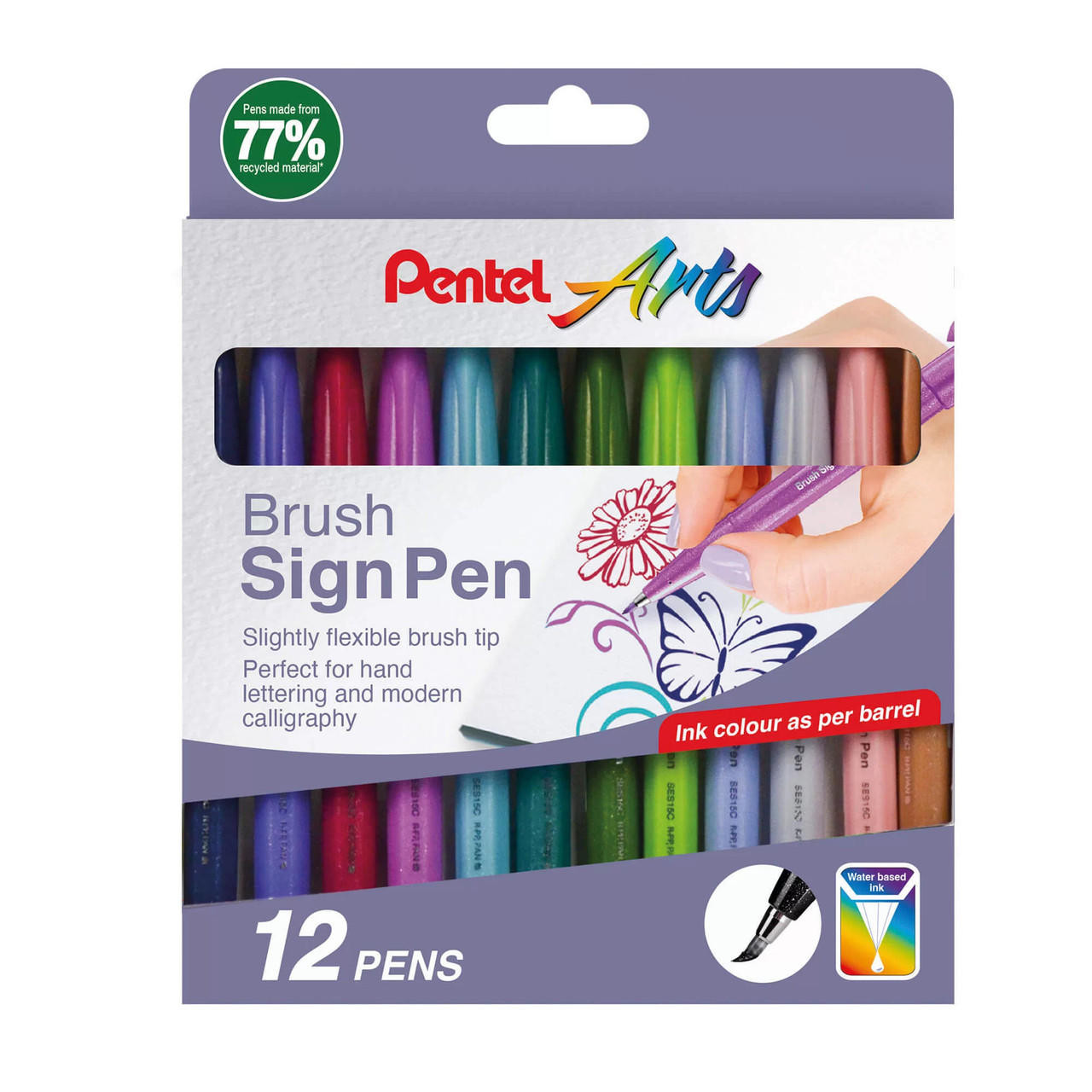 Pentel Sign Brush Pen Set of 12 – Water-Based Ink, Assorted Colours