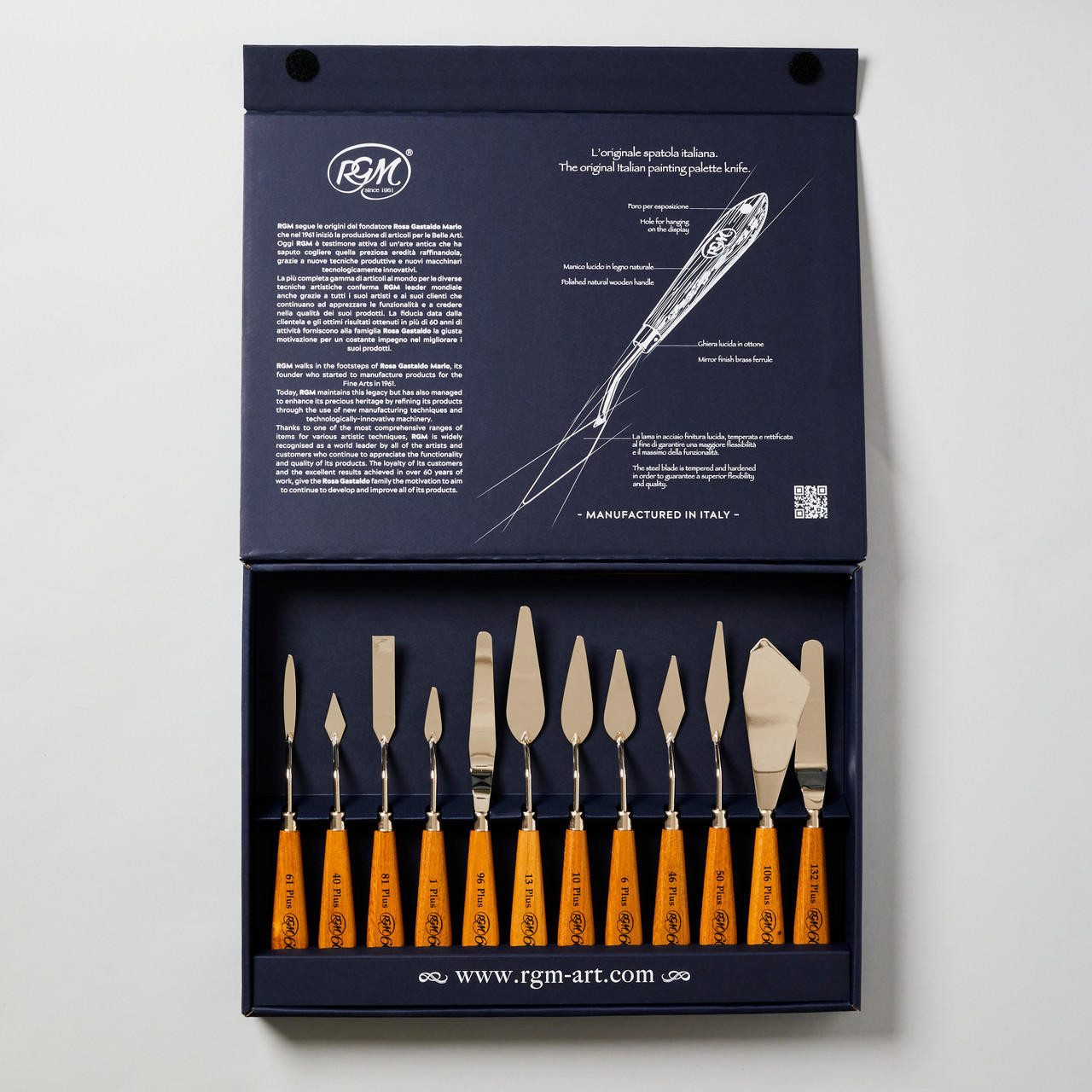RGM Wooden Palette Knife Set 12 – Stainless Steel, Mirrored Blades
