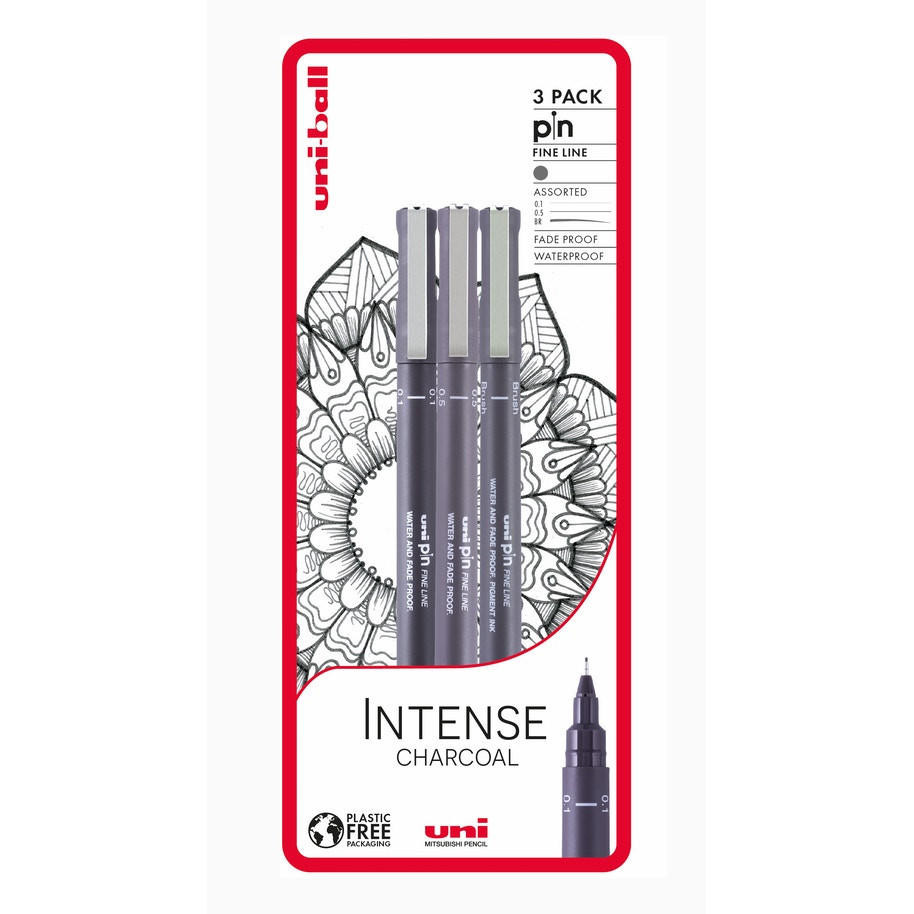 Uni-ball PIN Fineliner Charcoal Pen Set – Pack of 3, Water Resistant