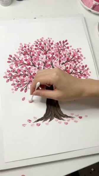 Acrylic dot painting of a flower made with cotton buds on canvas