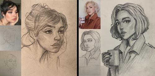 Artist drawing a portrait from a reference photo