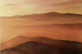 Easy acrylic landscape painting of layered hills fading into the distance
