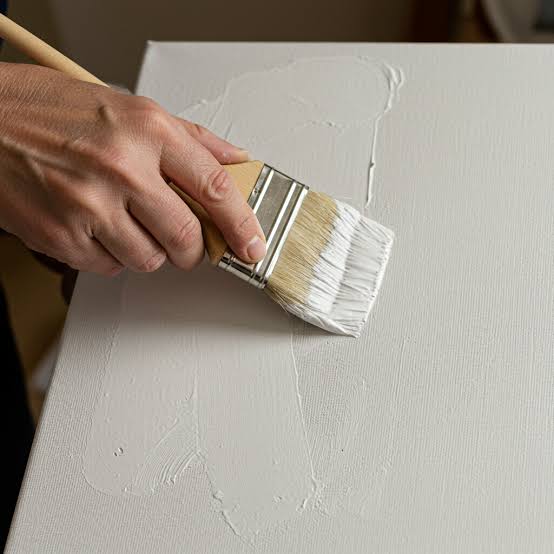 Priming a canvas with gesso using a flat brush