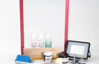 Screen printing starter kit contents laid out with frame, squeegee and ink