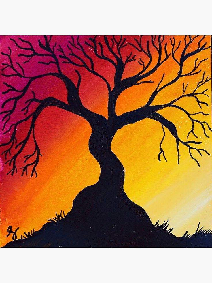 Simple acrylic sunset painting on canvas with black tree silhouette